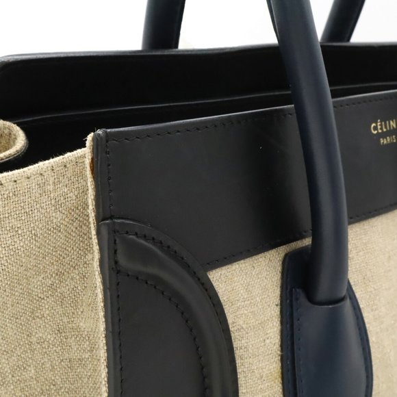 CELINE Luggage Shopper Tote Bag Handbag Linen Leather Beige Black Navy 165212 - Picture 9 of 10